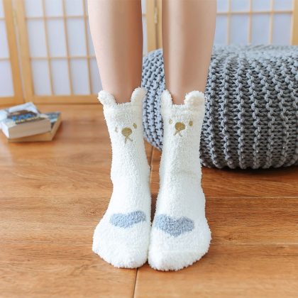 Kawaii Coral Fleece Animal Beer Socks, White